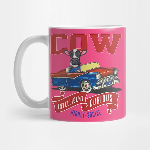 Funny and cute cow in a vintage classic retro car with red white and blue banner with personality traits tee by Danny Gordon Art